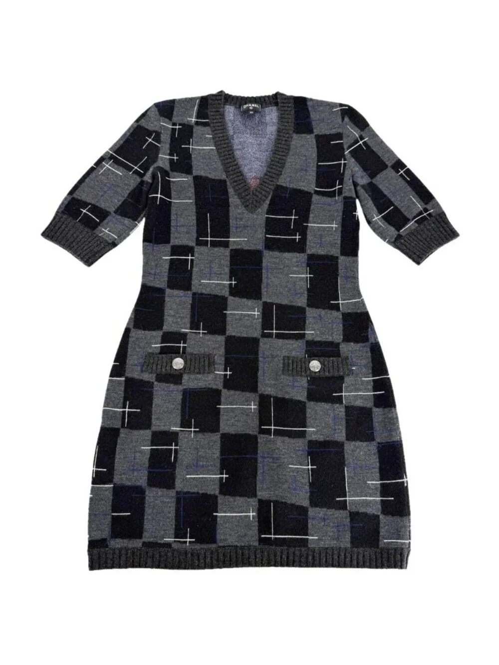 Chanel Dress Knit V-neck Check Black Gray Cashmere Wool Autumn Winter 34